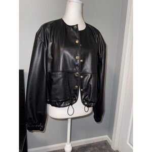 ZARA Black Faux Leather Round Neck Cropped Jacket Women's Size L Gold Button